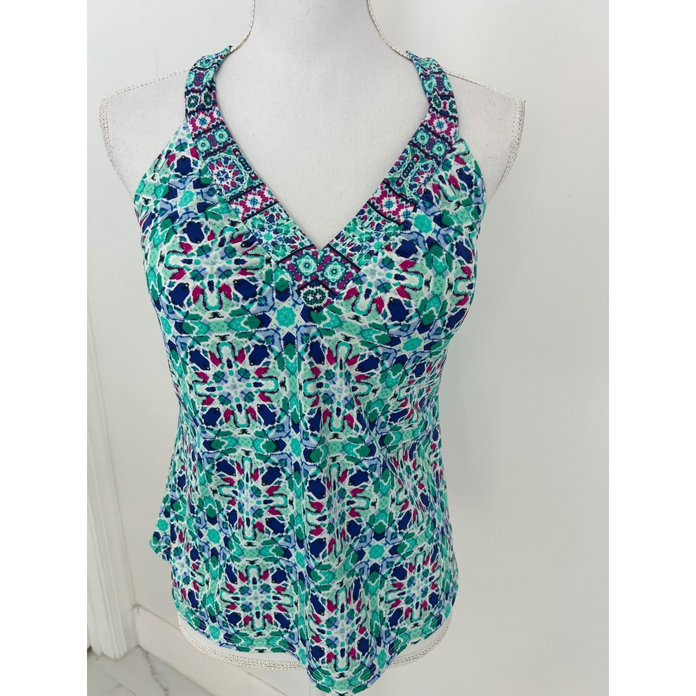Jantzen Women Blue Green Geometric O-Ring Racerback Tankini Swim Top Size 12